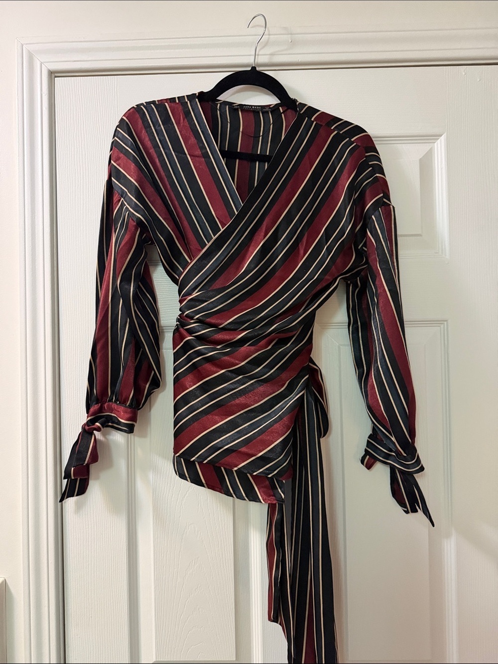 Zara Burgundy and Black Striped Wrap Blouse